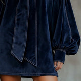 LIORA DARK BLUE VELVET MINI DRESS WITH BOW AND LANTERN SLEEVES