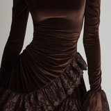 MAYA BROWN VELVET MINI DRESS WITH TURTLENECK AND RUFFLED HEM