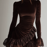 MAYA BROWN VELVET MINI DRESS WITH TURTLENECK AND RUFFLED HEM