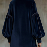 LIORA DARK BLUE VELVET MINI DRESS WITH BOW AND LANTERN SLEEVES