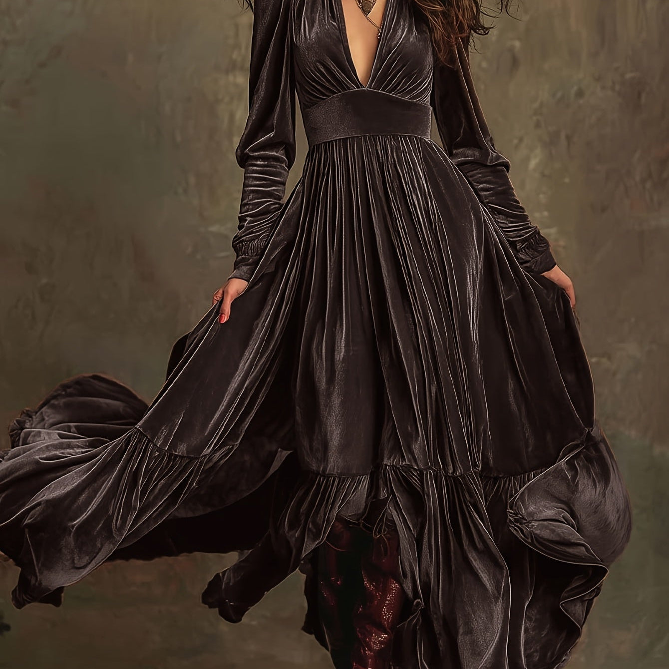 SERAFINA | RETRO OVERSIZED SKIRT LONG DRESS WITH DEEP V-NECK