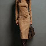SELWYNNE | HIGH-NECK SUEDE MAXI DRESS