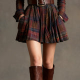 ZINNIA VINTAGE LAPEL RED AND BROWN PLAID MINI DRESS (INCLUDES BELT)