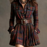 ZINNIA VINTAGE LAPEL RED AND BROWN PLAID MINI DRESS (INCLUDES BELT)