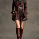 ZINNIA VINTAGE LAPEL RED AND BROWN PLAID MINI DRESS (INCLUDES BELT)