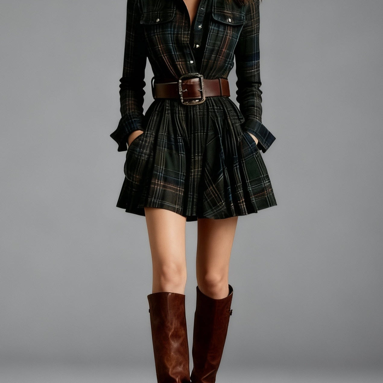 ZINNIA VINTAGE LAPEL RED AND BROWN PLAID MINI DRESS (INCLUDES BELT)