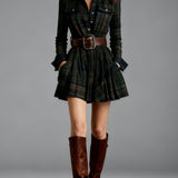 ZINNIA VINTAGE LAPEL RED AND BROWN PLAID MINI DRESS (INCLUDES BELT)