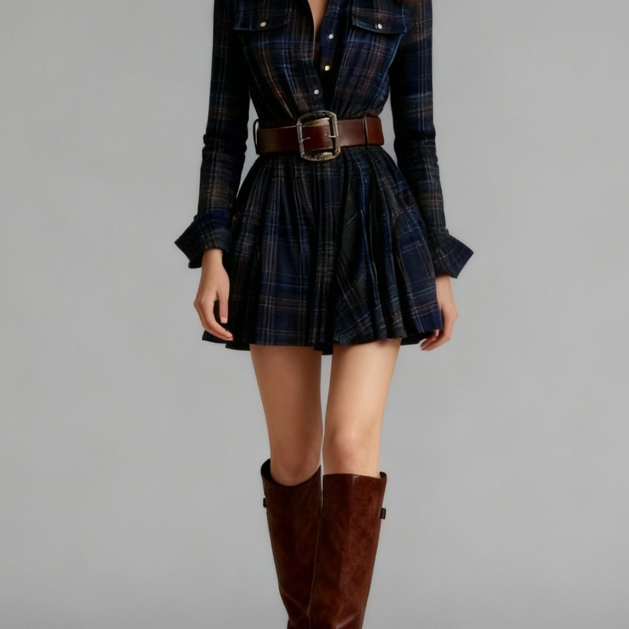 ZINNIA VINTAGE LAPEL RED AND BROWN PLAID MINI DRESS (INCLUDES BELT)