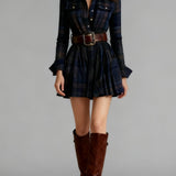 ZINNIA VINTAGE LAPEL RED AND BROWN PLAID MINI DRESS (INCLUDES BELT)