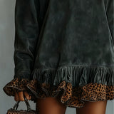 ZARA SUEDE MINI DRESS WITH TURTLENECK AND LEOPARD PRINT PANEL