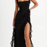 SOLANDRA | PROM DRESS WITH RUFFLE AND SLIT MAXI