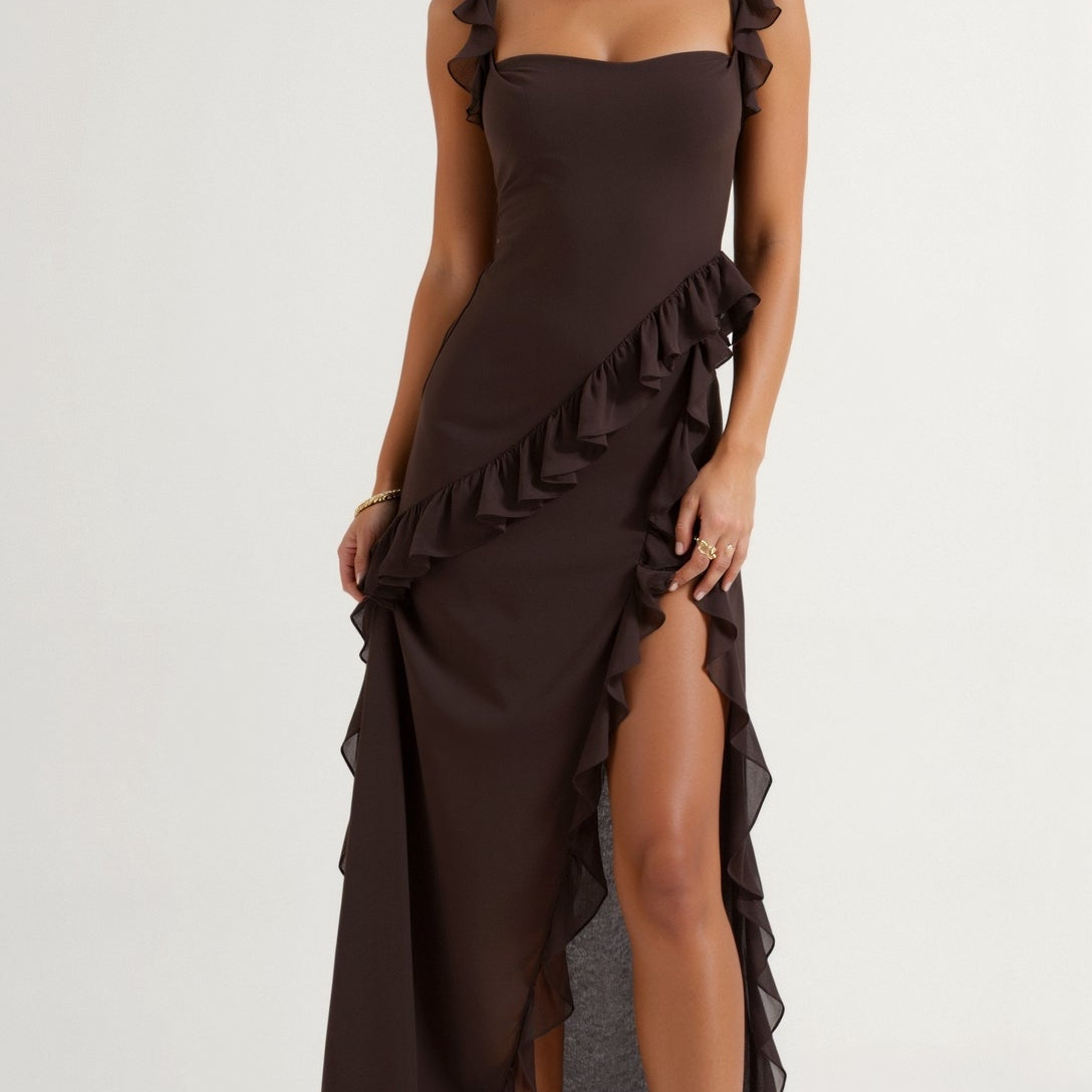 SOLANDRA | PROM DRESS WITH RUFFLE AND SLIT MAXI